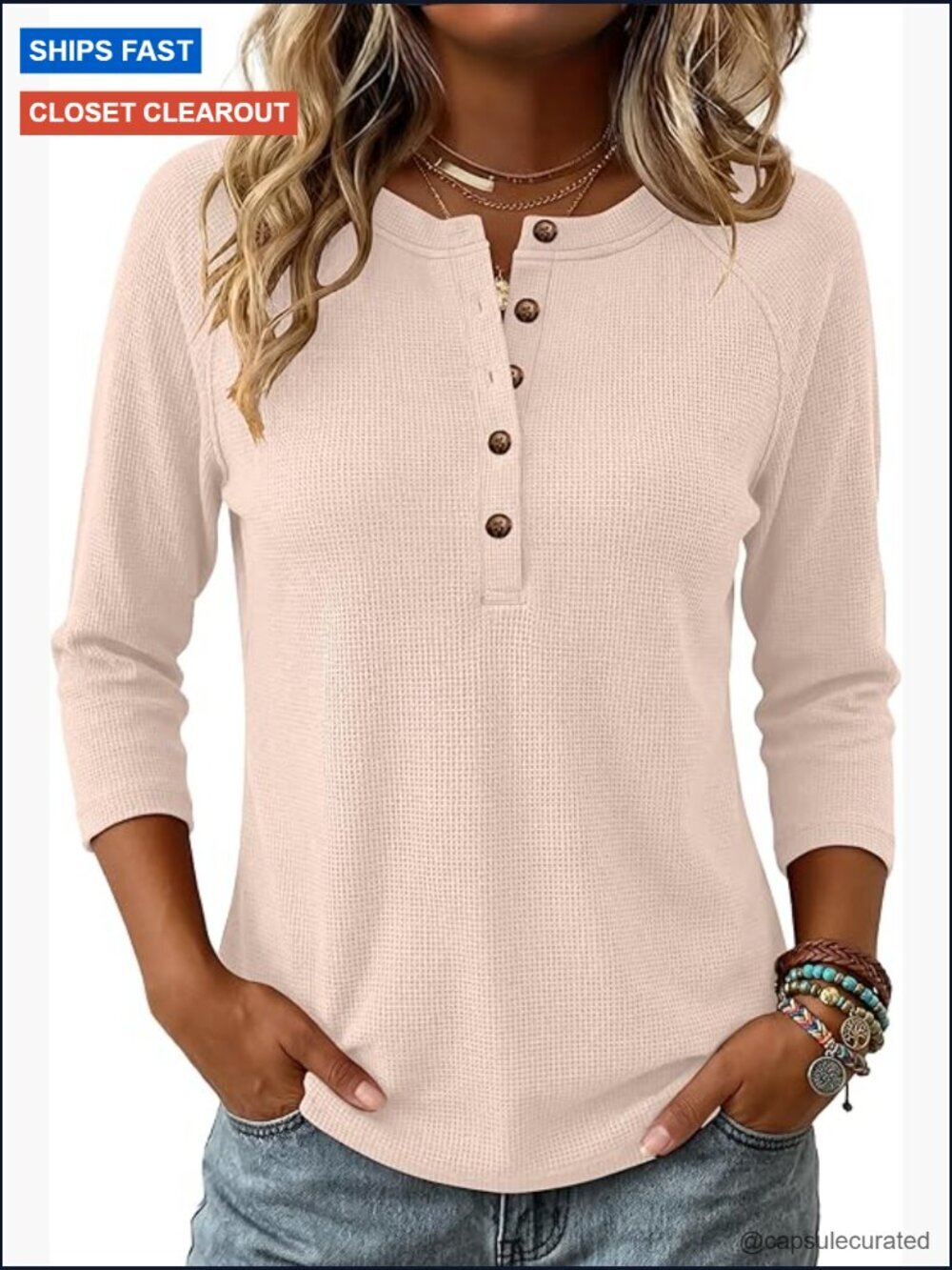 3/4 Sleeve Waffle Knit Henley Top - V Neck Button Casual Shirt